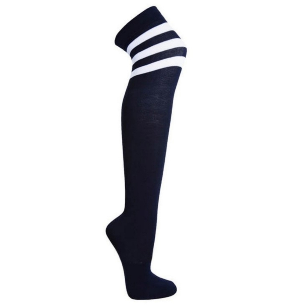 Women's Knee High Socks Navy | White Stripes - Picture 2 of 2